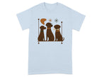 Three brown dogs sit on a shelf with a bone, glasses, and abstract shapes.