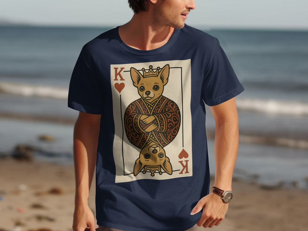 Navy t-shirt with King of Hearts card featuring a dog wearing a crown.
