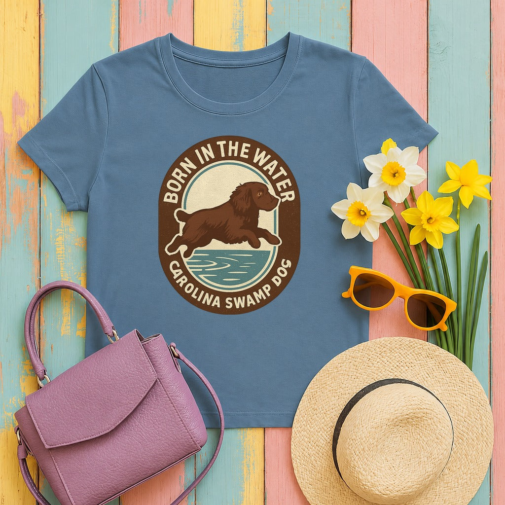 Boykin Spaniel Born in the Water T-shirt in Steel Blue