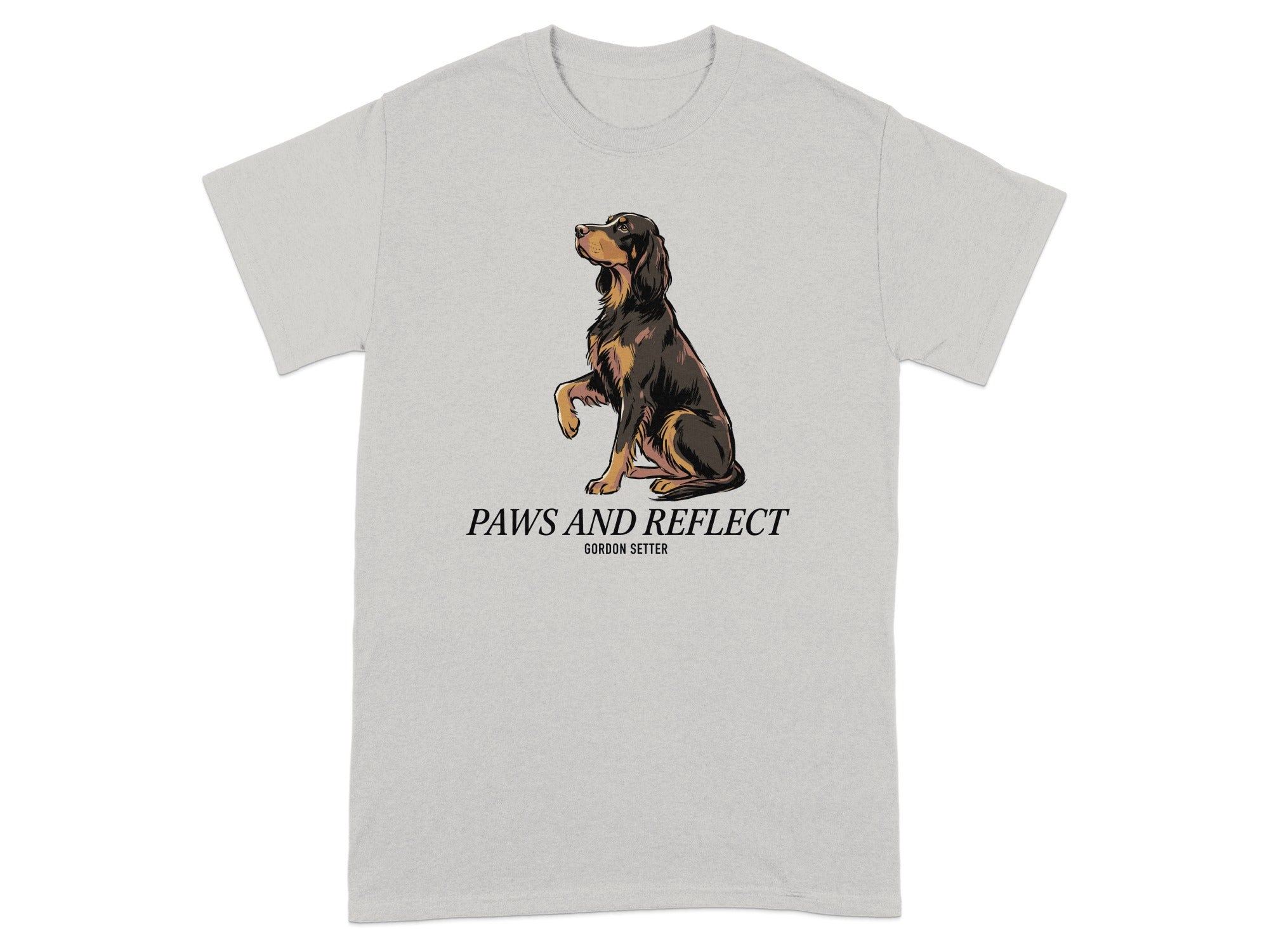 Gordon Setter on a light gray t-shirt with "Paws and Reflect" text.