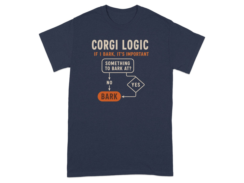 T-shirt with "Corgi Logic" flowchart about barking.