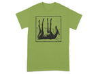 Green t-shirt with black graphic of a dog lying on its back.