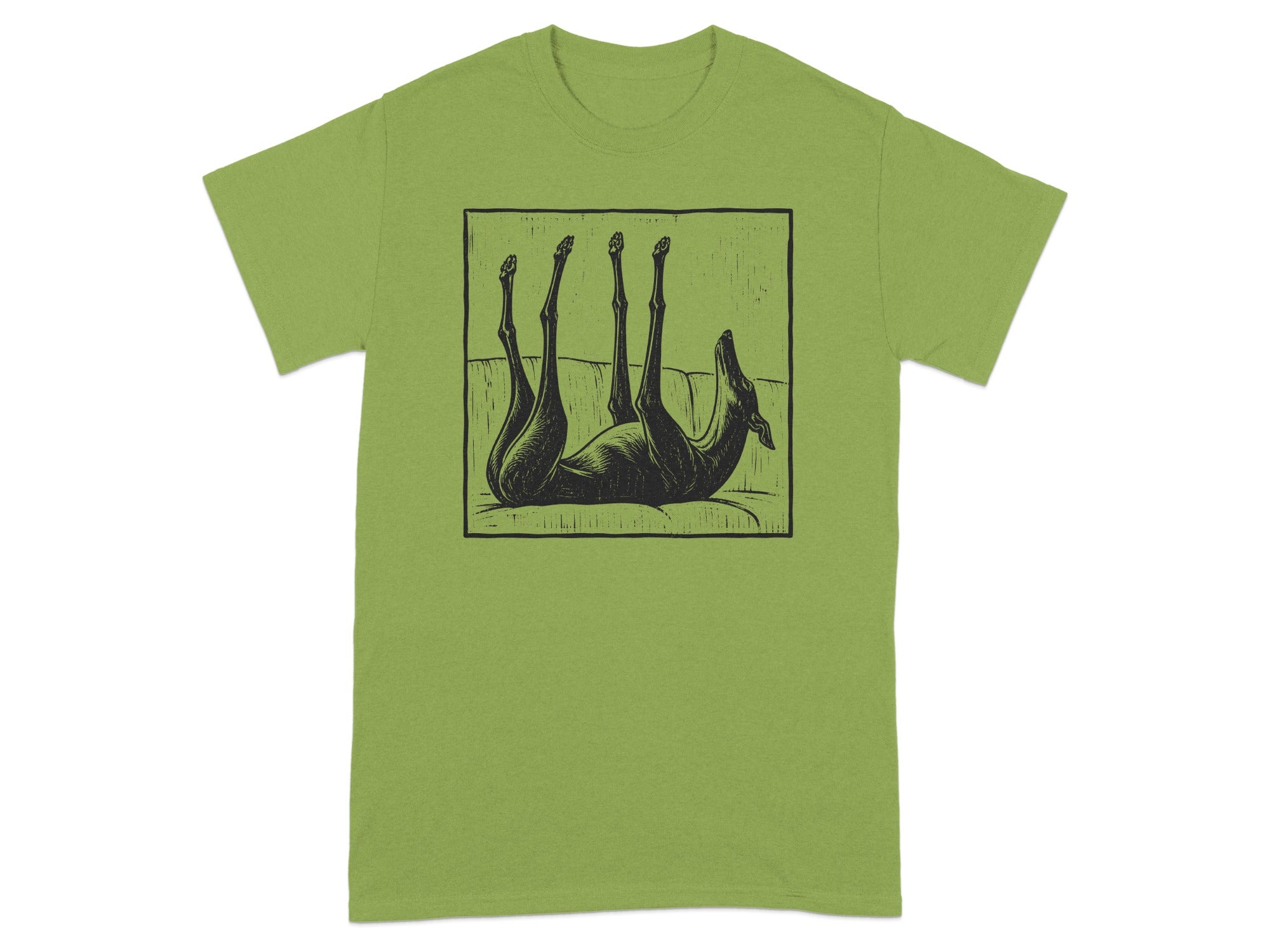 Green t-shirt with black graphic of a dog lying on its back.