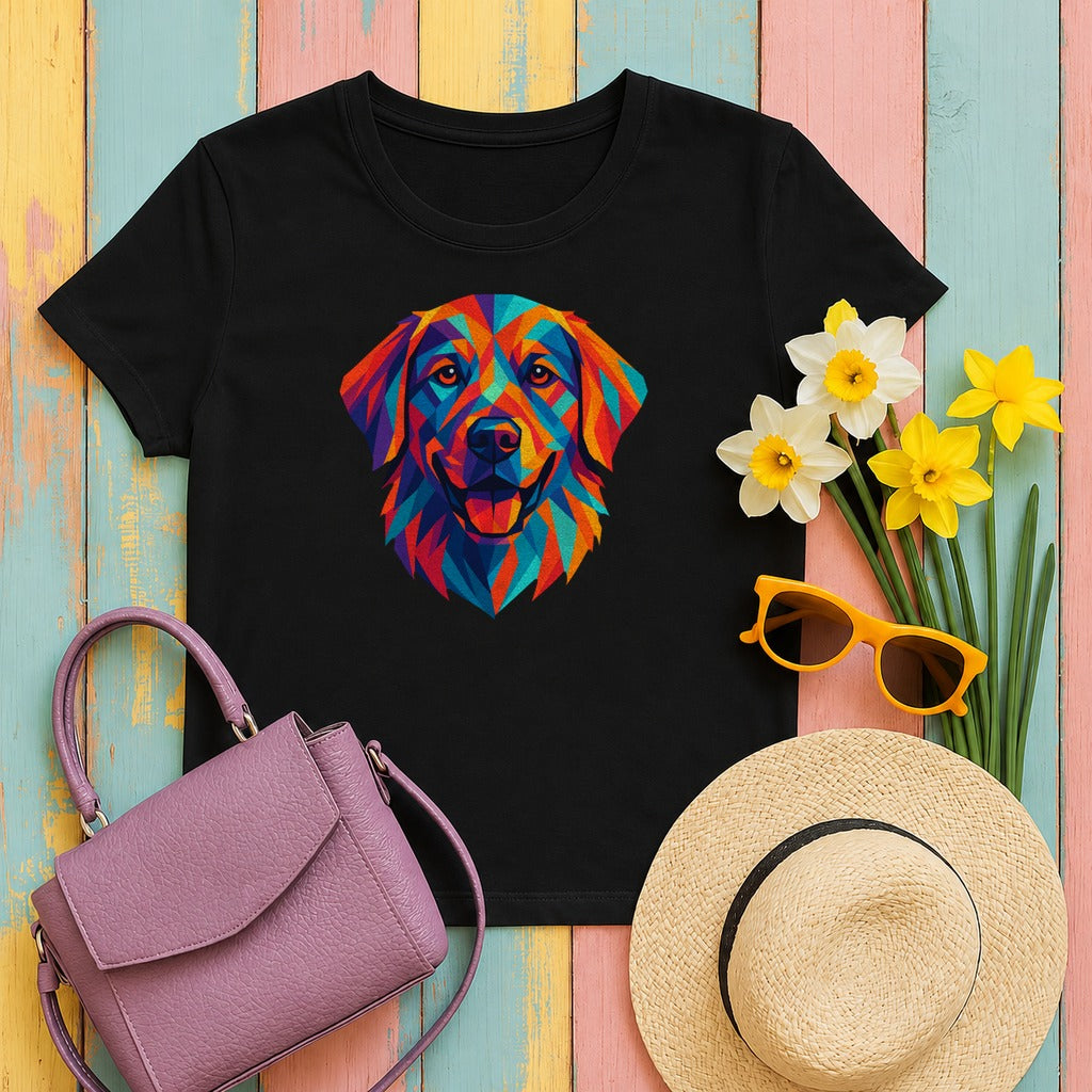 Geometric Golden Retriever Dog Colorful Art T-Shirt in Black