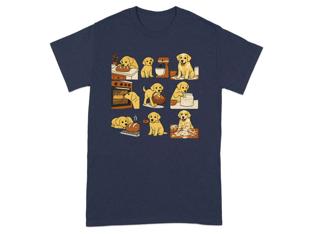 Cartoon dogs baking bread and pastries in various kitchen scenes.