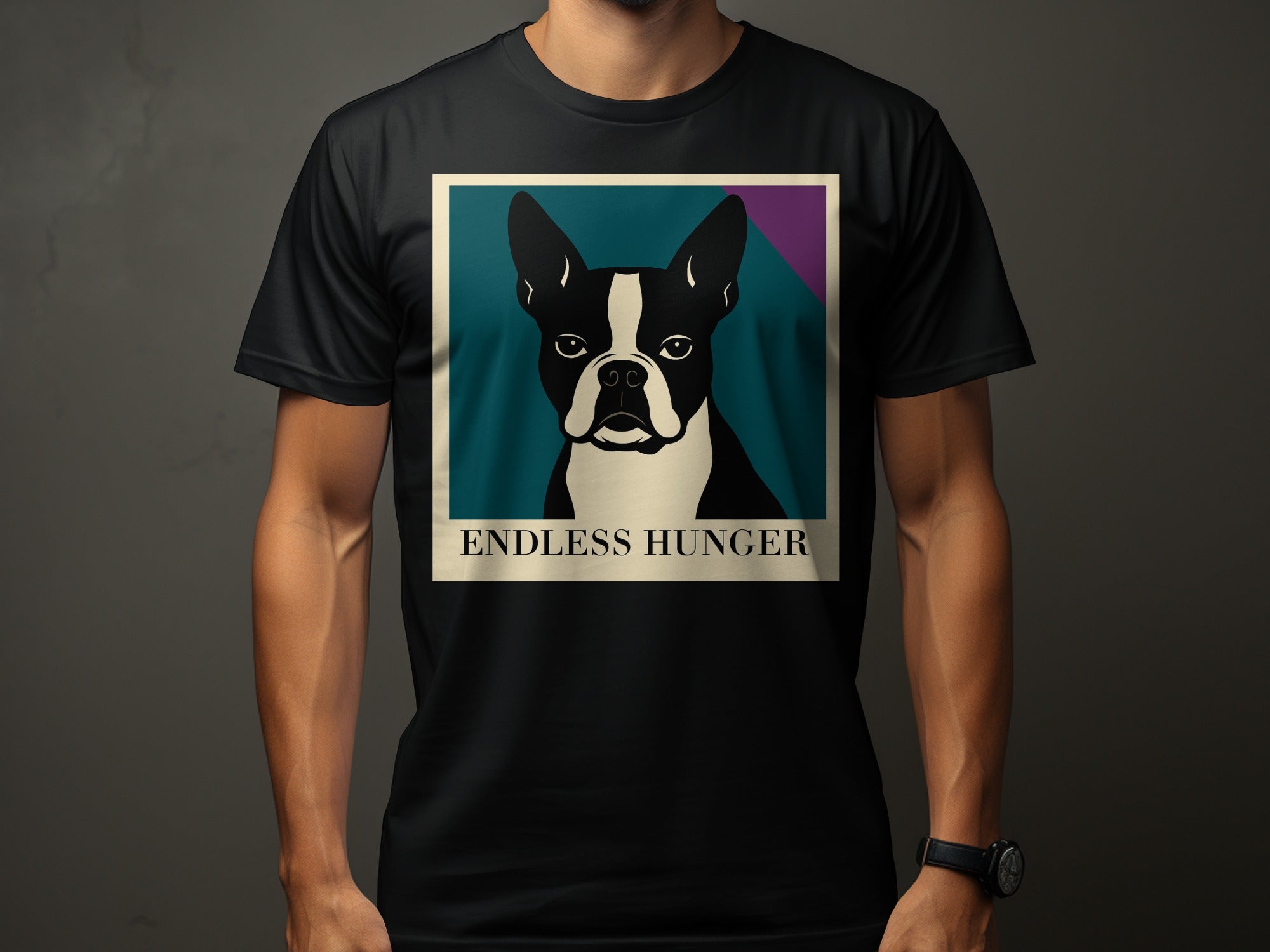 Black t-shirt with a Boston Terrier portrait and "ENDLESS HUNGER" text.