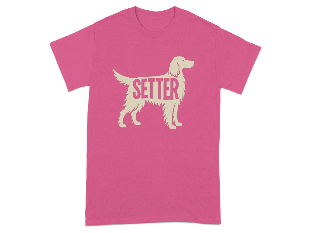 Pink t-shirt with a beige setter dog silhouette and the word SETTER.