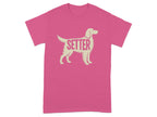 Pink t-shirt with a beige setter dog silhouette and the word SETTER.