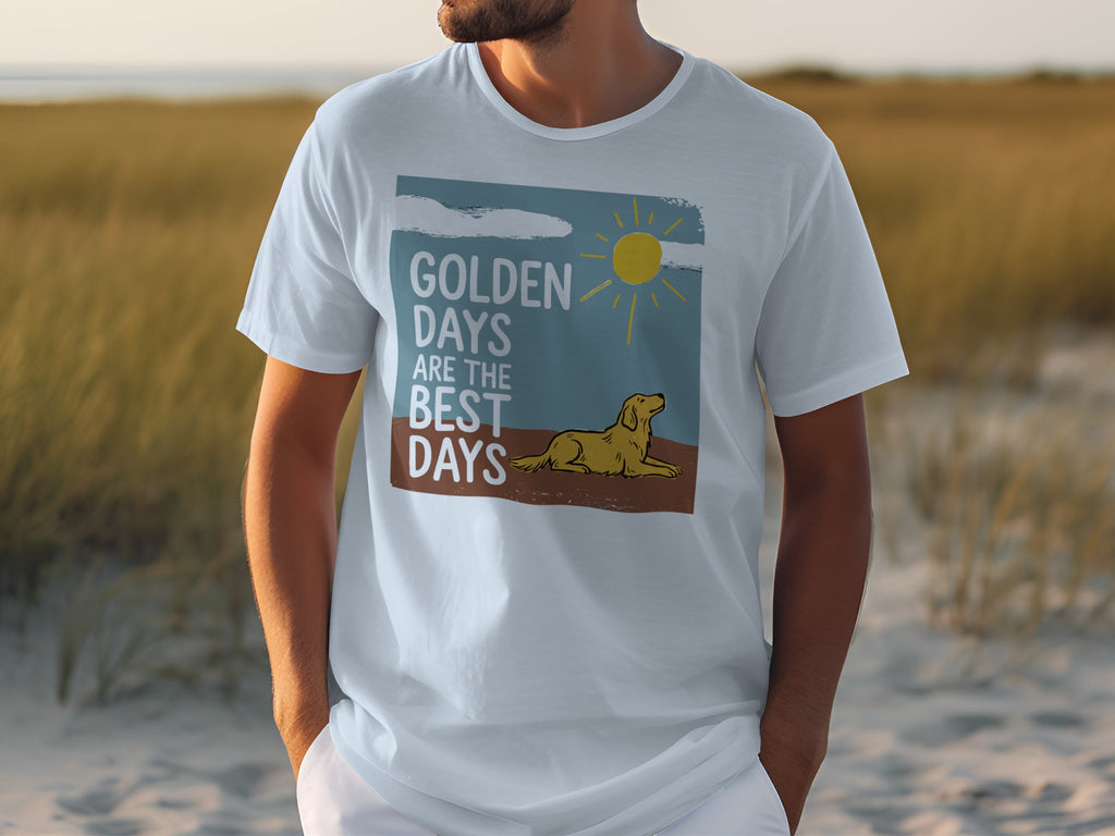 White t-shirt with golden retriever, sun, and text "Golden Days Are The Best Days".