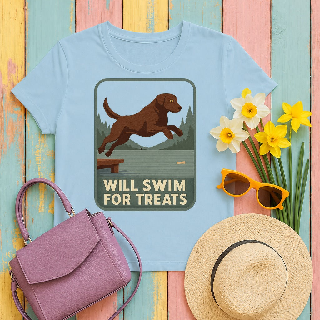 Chocolate Lab Will Swim for Treats T-shirt in Light Blue