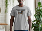 Gray t-shirt with text and cartoon beagle running.