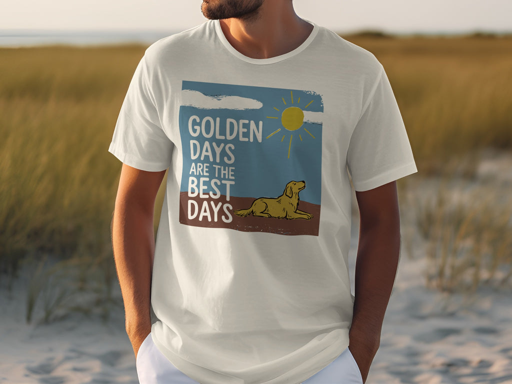 White t-shirt with Golden Days text and a dog lying in the sun.