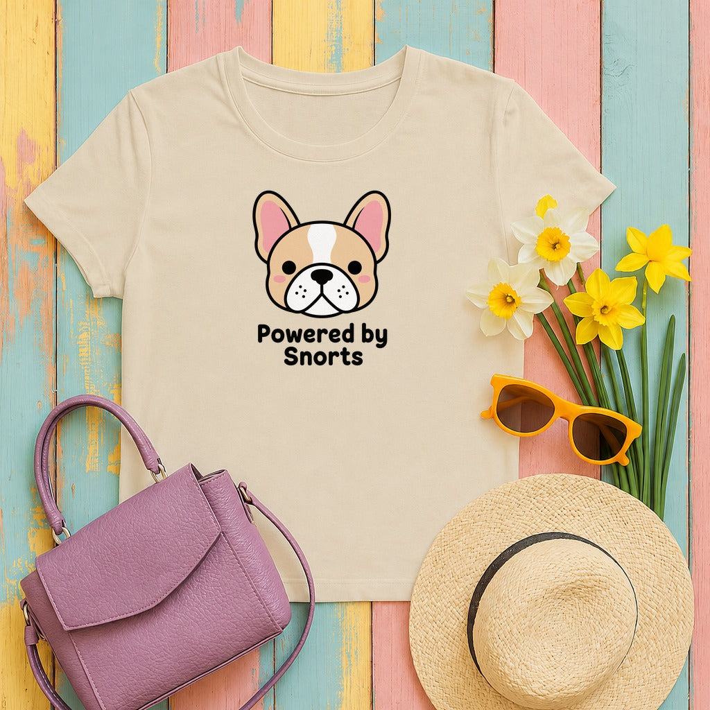 Powered By Snorts Cute French Bulldog T-Shirt in Sand