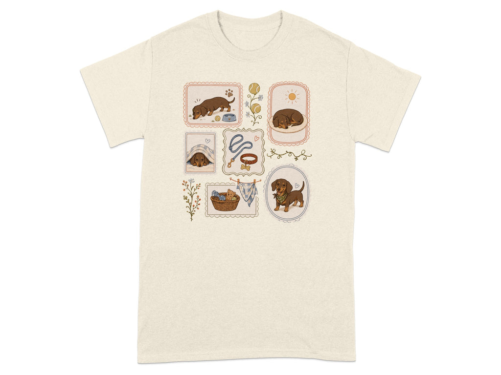 T-shirt with framed illustrations of dachshunds in various cozy poses.