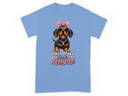 Blue t-shirt with a dachshund wearing sunglasses and a pink bow, text reads "First of all, I'm a delight".