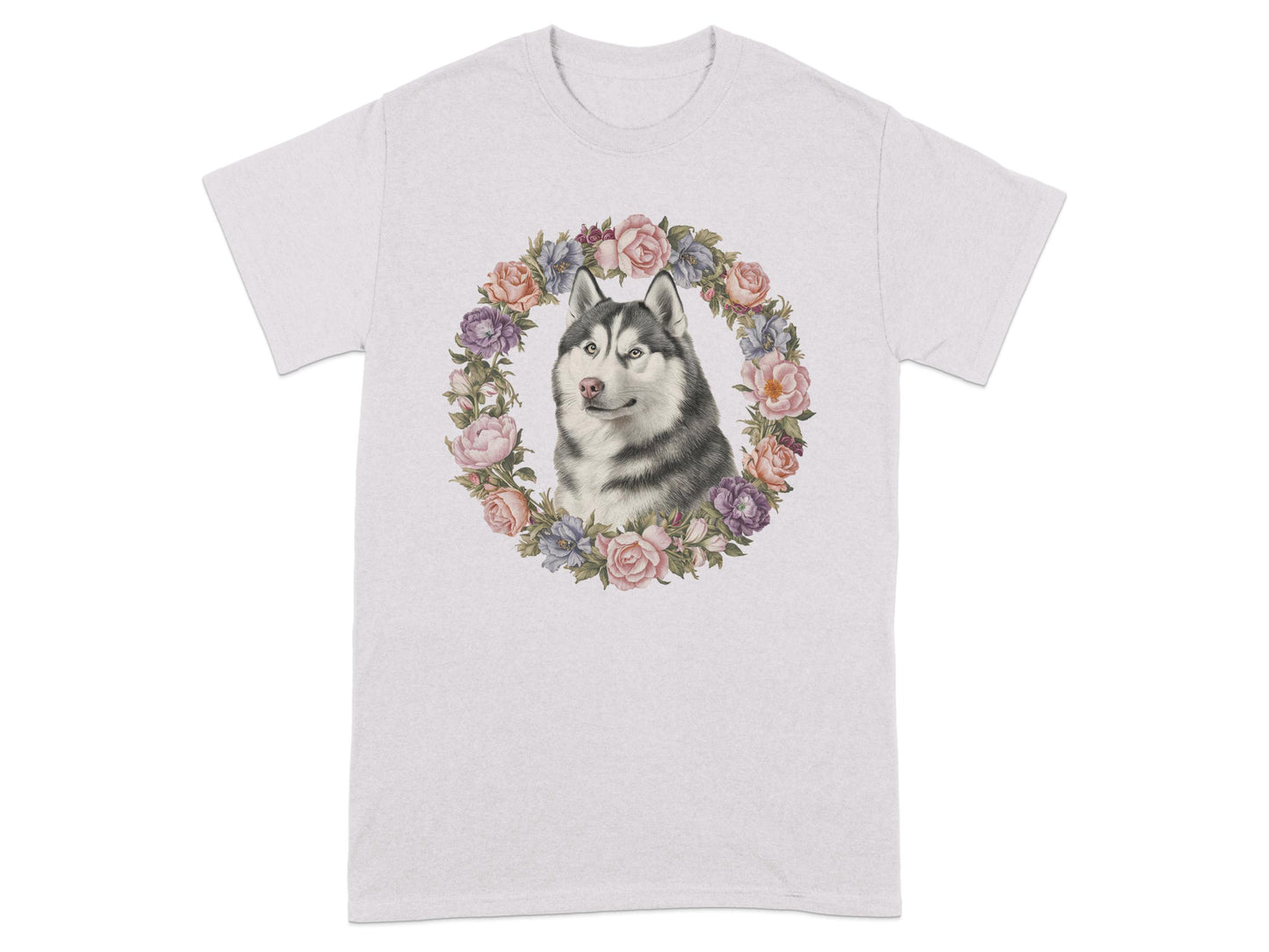 Husky Dog Surrounded by Floral Wreath T-Shirt product