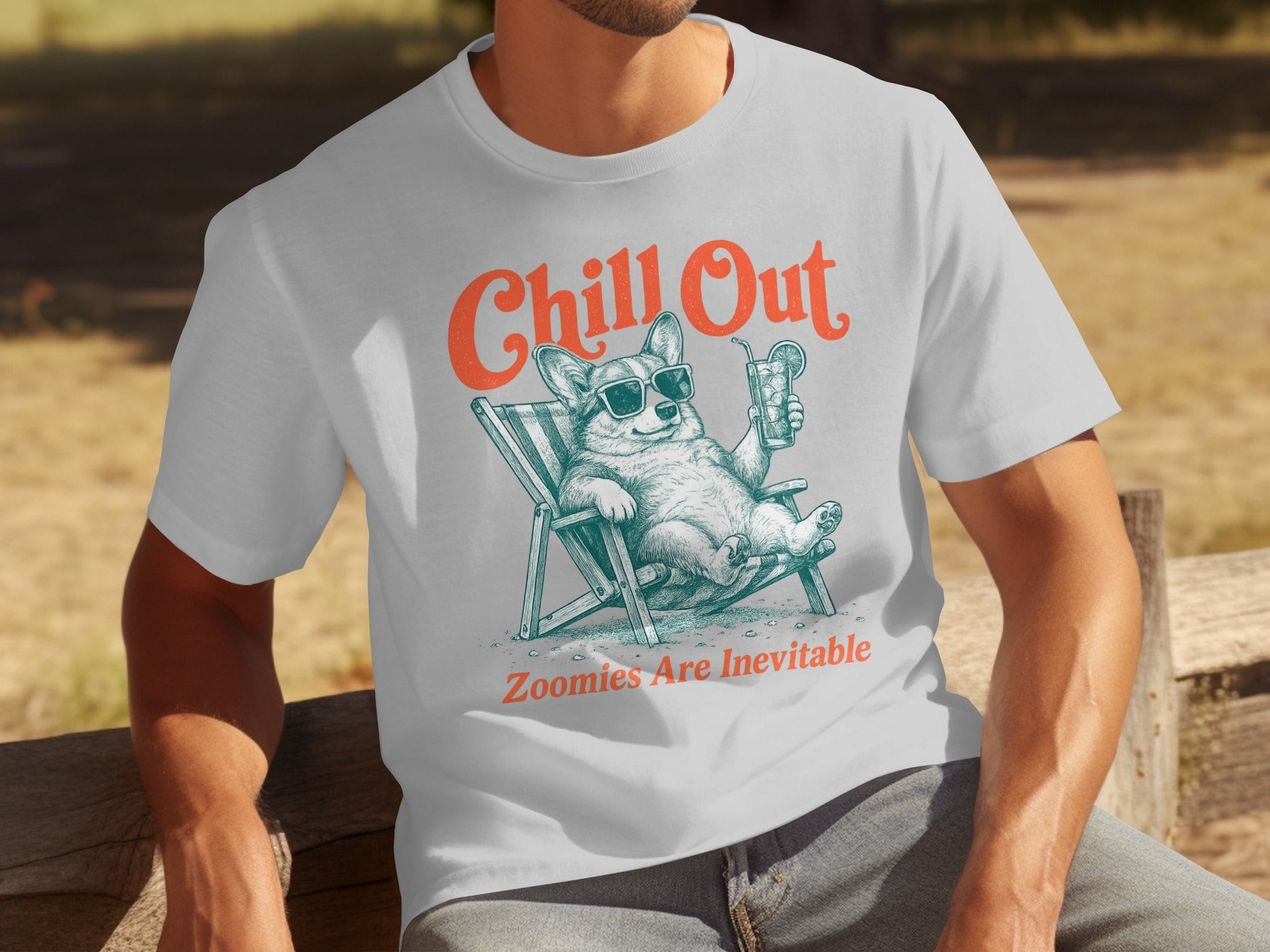 Corgi in lounge chair with sunglasses and drink, "Chill Out Zoomies Are Inevitable" text.