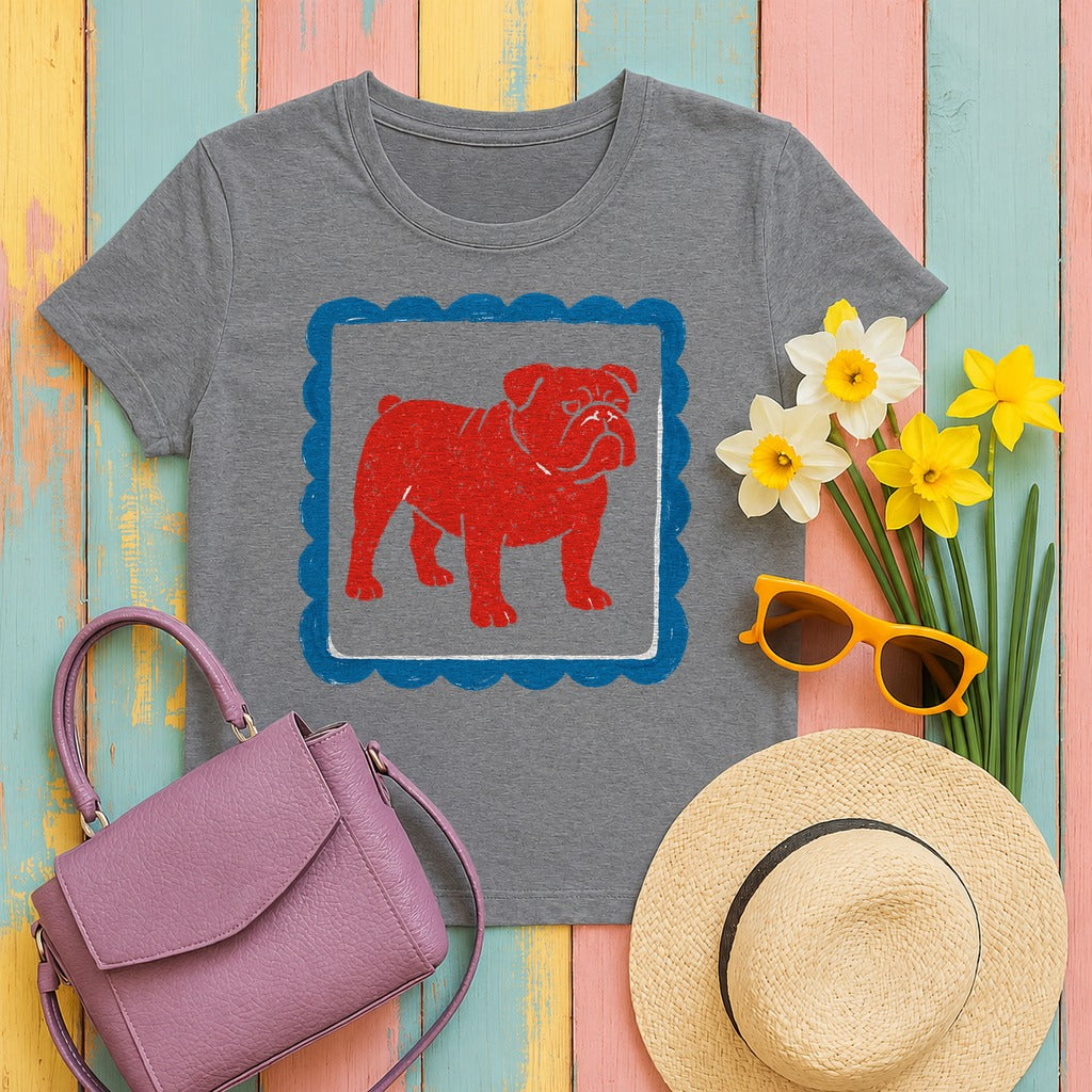 Red Bulldog on Blue Border Doodle Drawing Art T-Shirt in Graphite Heather