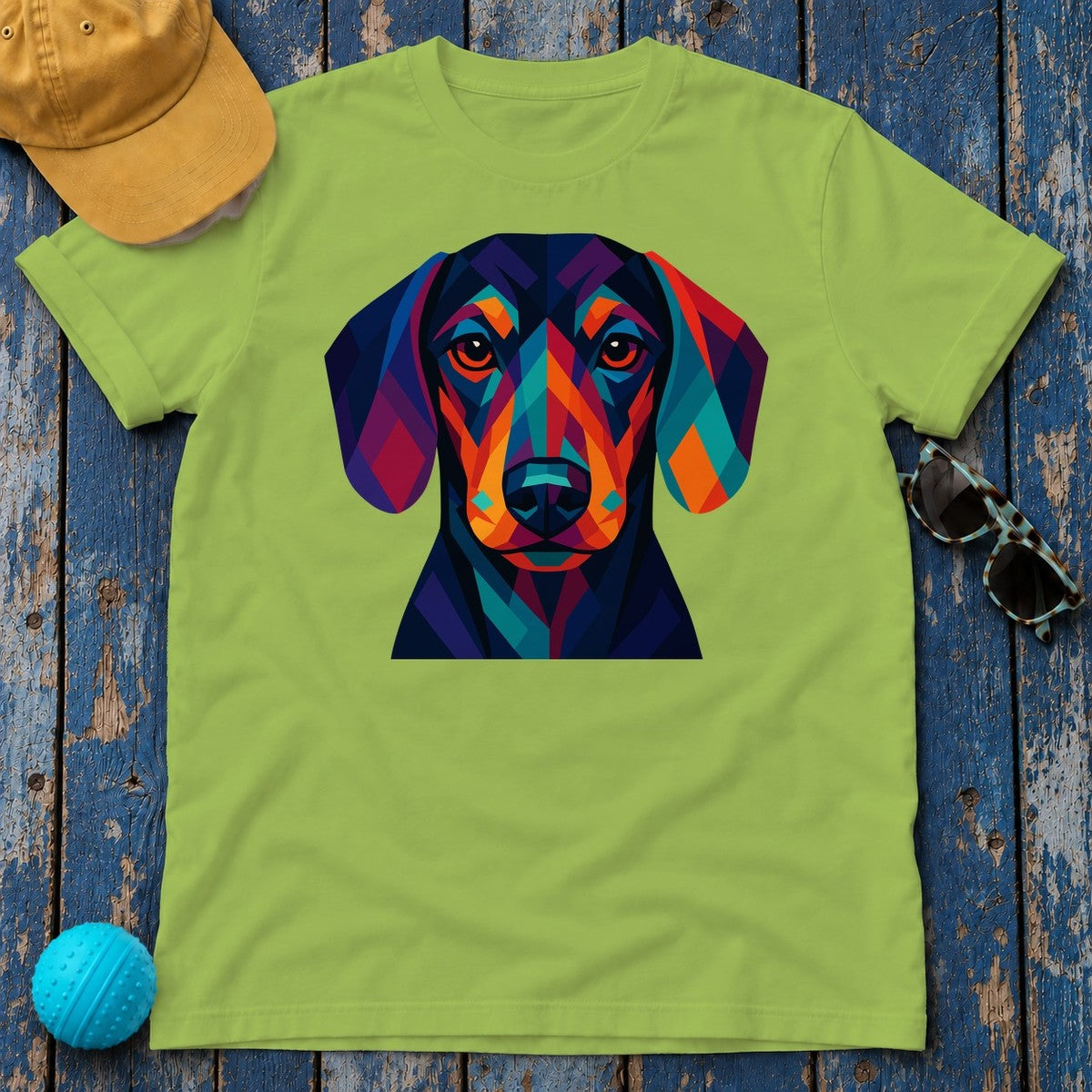 Colorful Geometric Dachshund Graphic Art Design T-Shirt in Kiwi