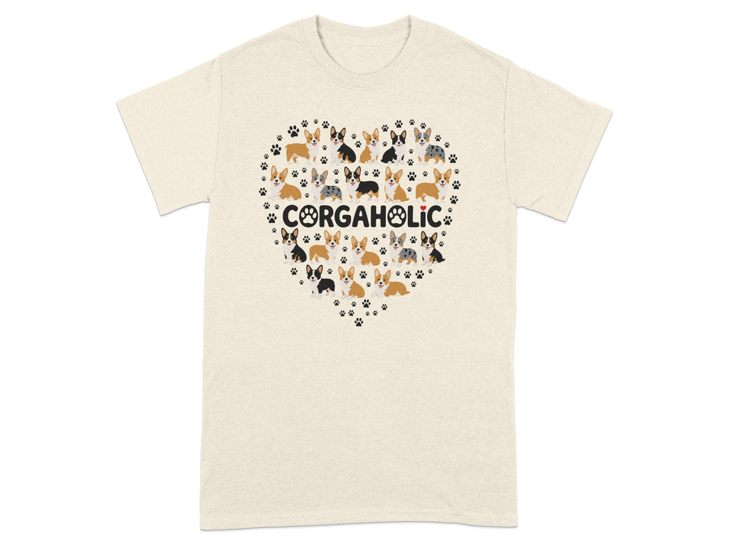T-shirt with "CORGAHOLIC" text surrounded by a heart of corgi dogs.