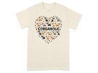 T-shirt with "CORGAHOLIC" text surrounded by a heart of corgi dogs.
