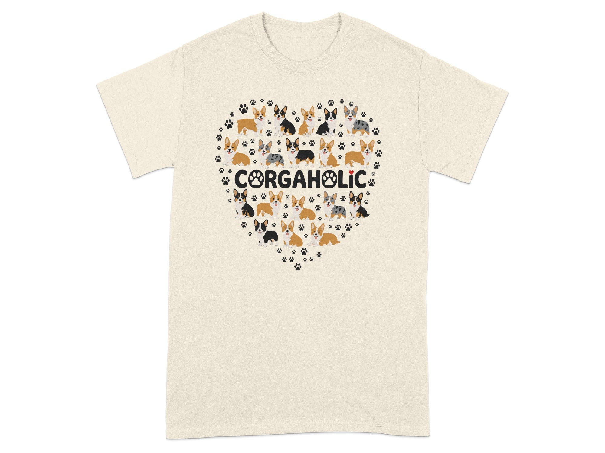 T-shirt with "CORGAHOLIC" text surrounded by a heart of corgi dogs.