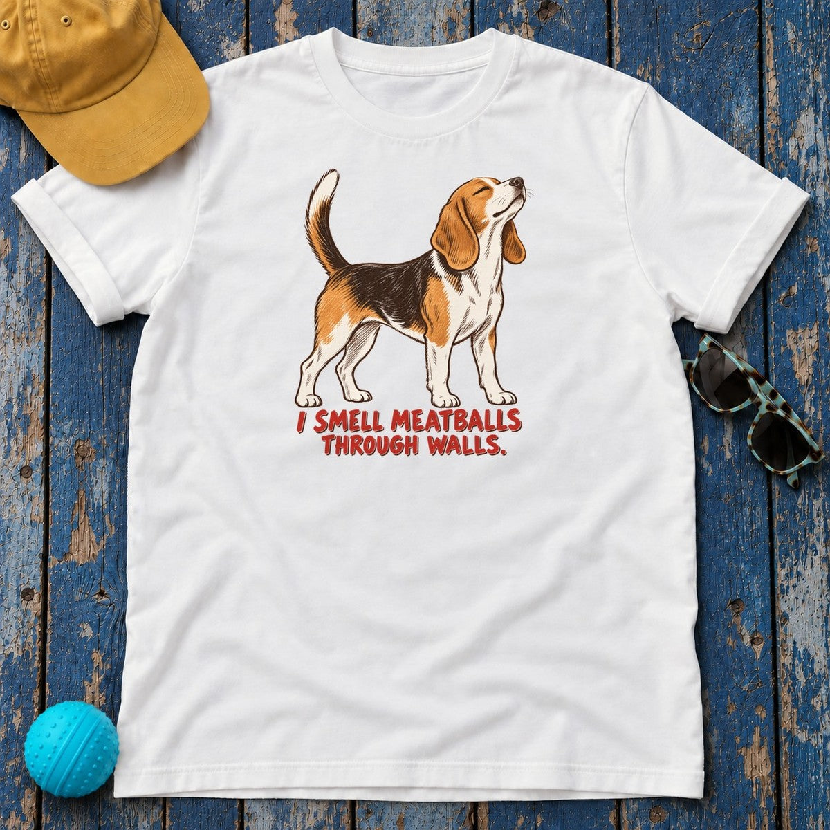 I Smell Meatballs Through Walls Beagle T-Shirt in White - flat lay