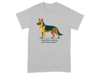 Grey t-shirt with a stylized German Shepherd graphic and text.
