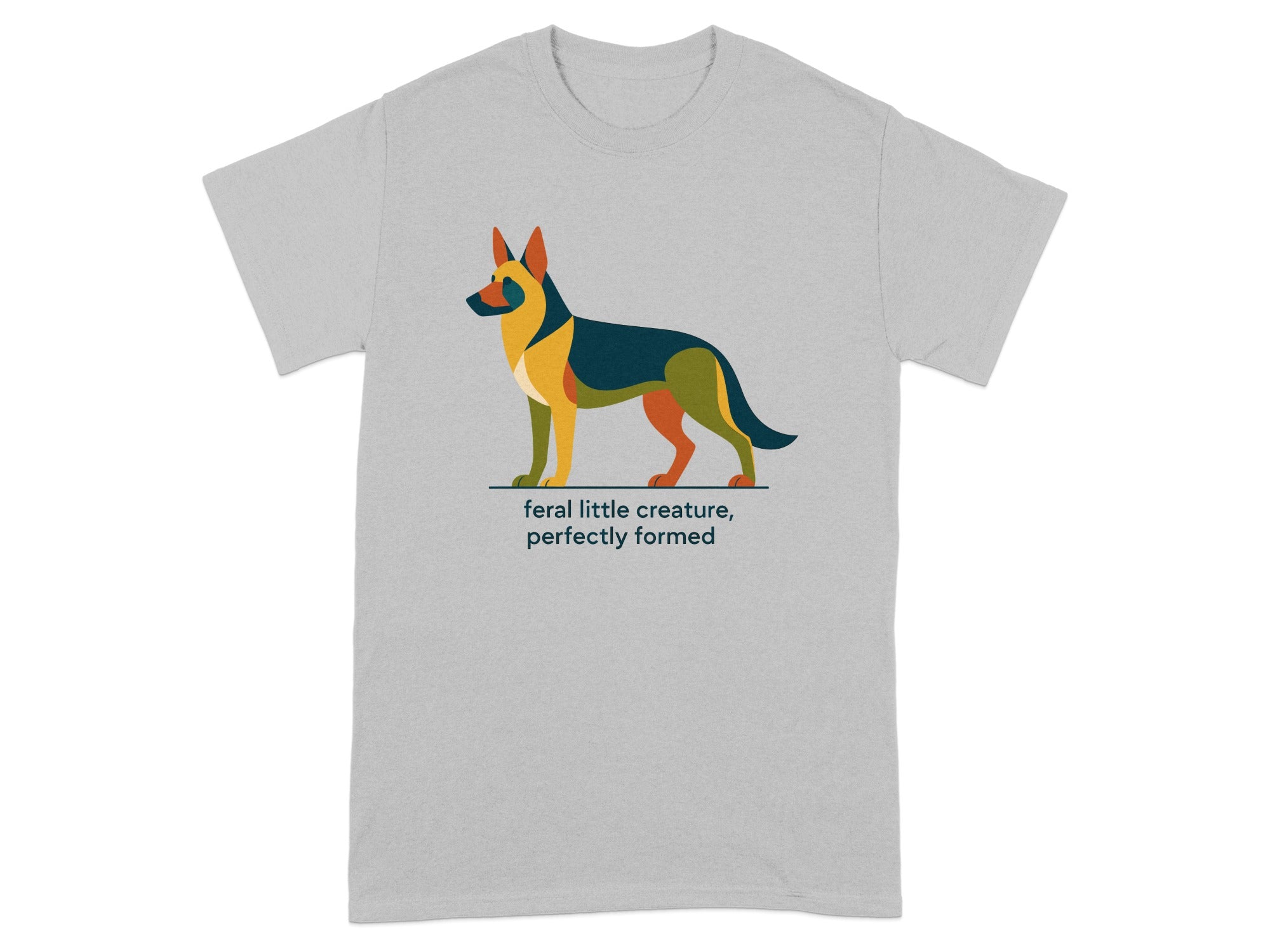 Grey t-shirt with a stylized German Shepherd graphic and text.