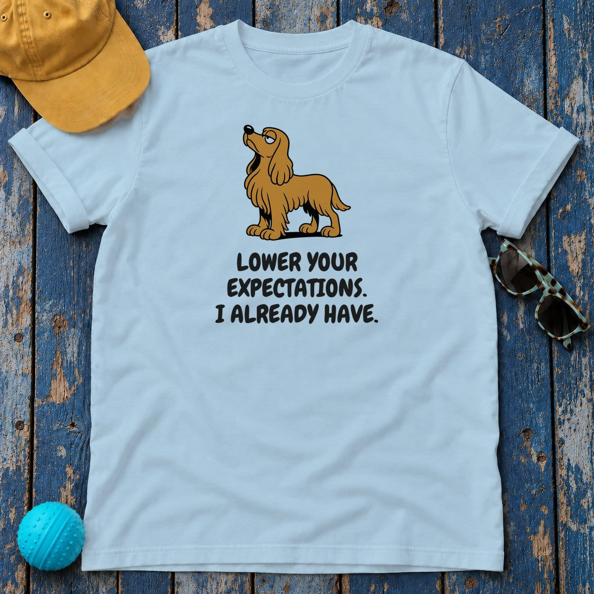 Sussex Spaniel Lower Your Expectations Tee in Light Blue