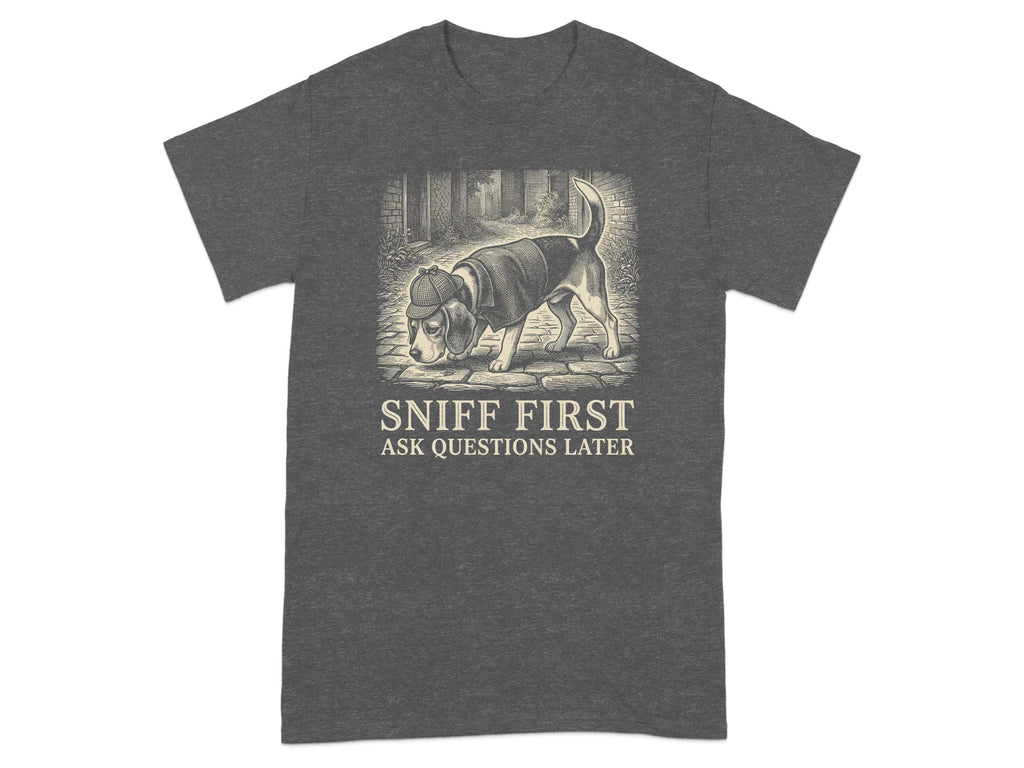 Dark grey t-shirt with a beagle in a detective hat sniffing the ground.