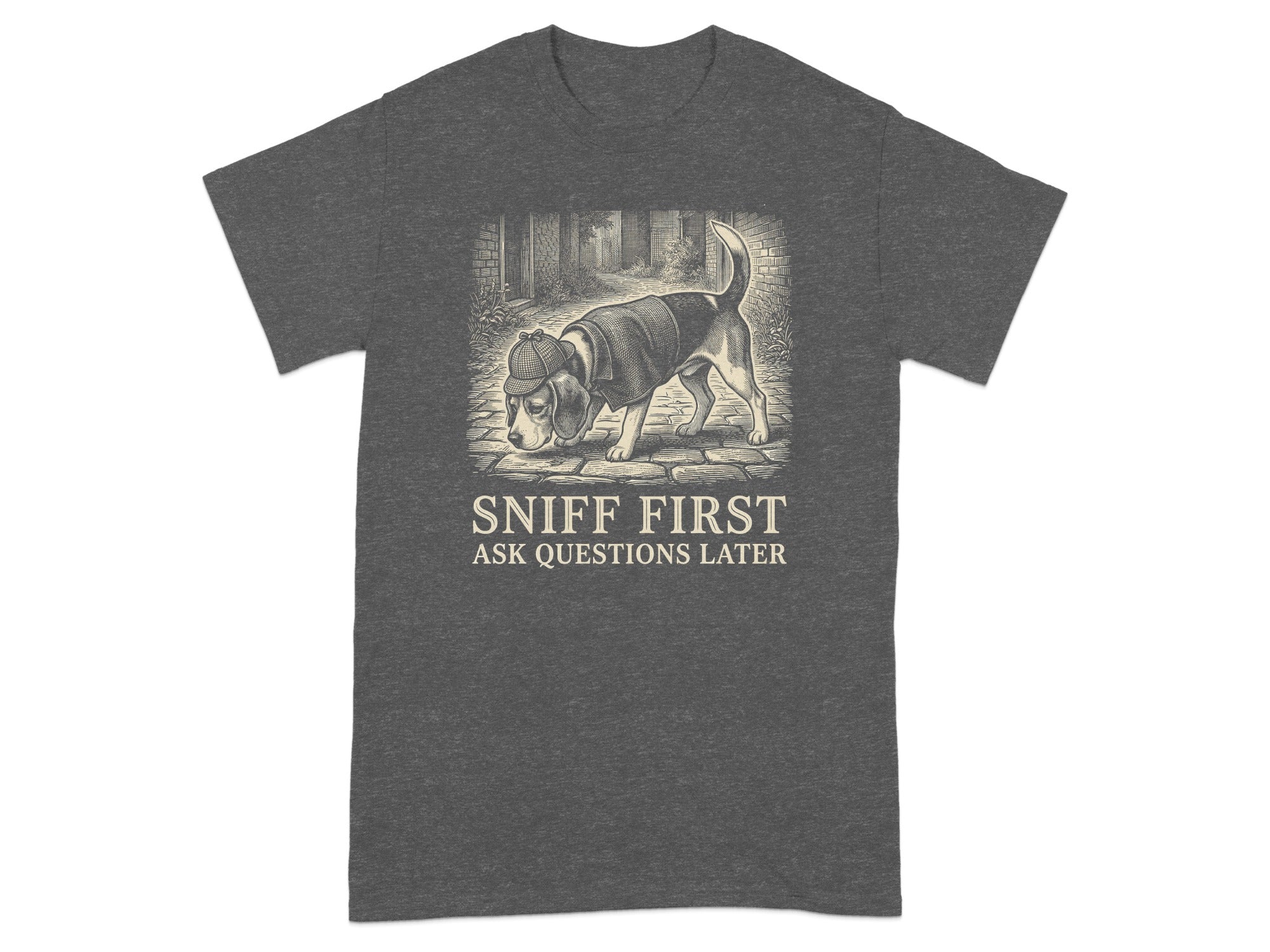 Dark grey t-shirt with a beagle in a detective hat sniffing the ground.