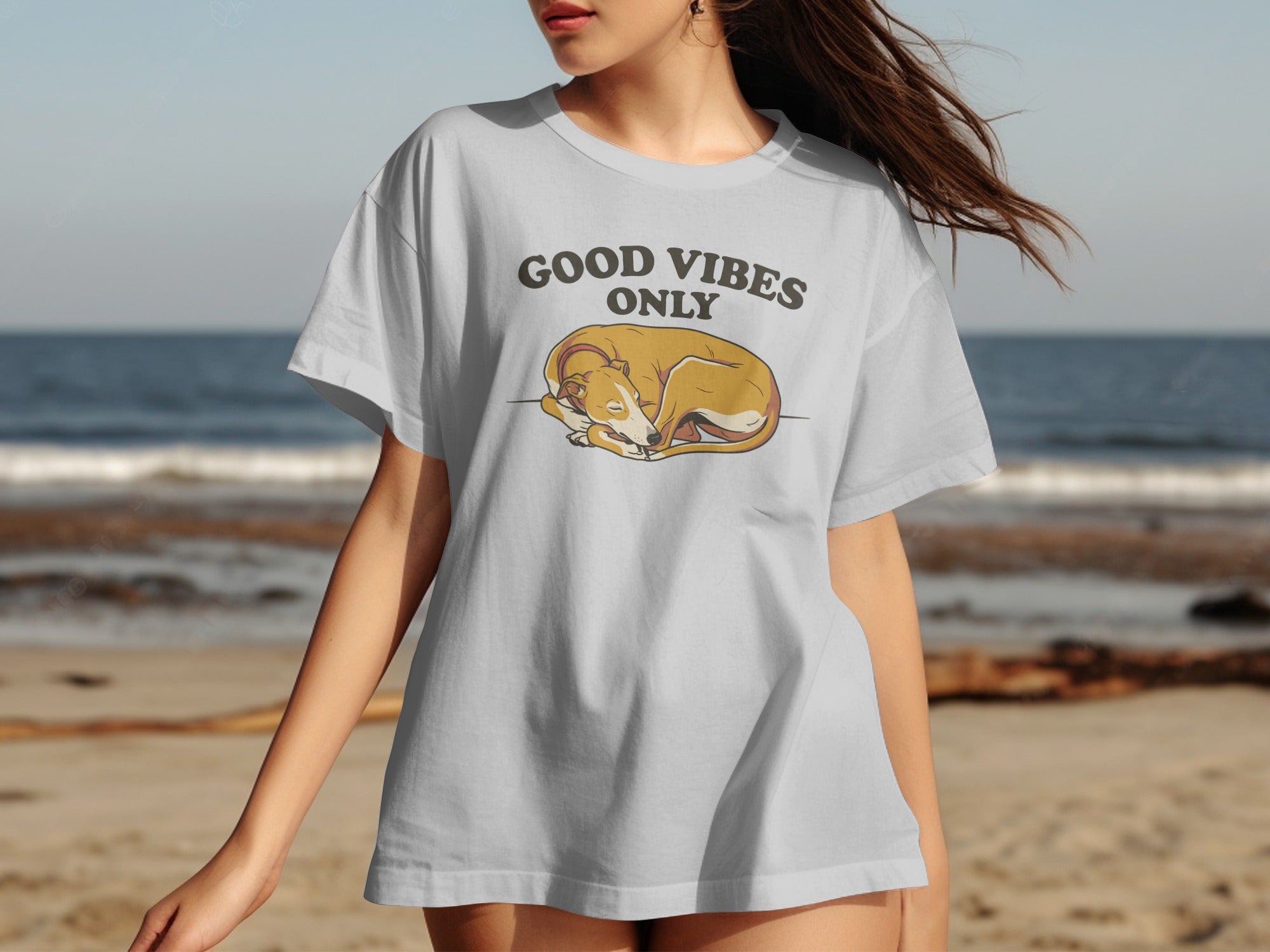 Light gray t-shirt with "GOOD VIBES ONLY" and sleeping dog graphic.
