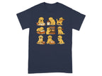 Nine golden retriever puppies are depicted baking bread in cartoon style.