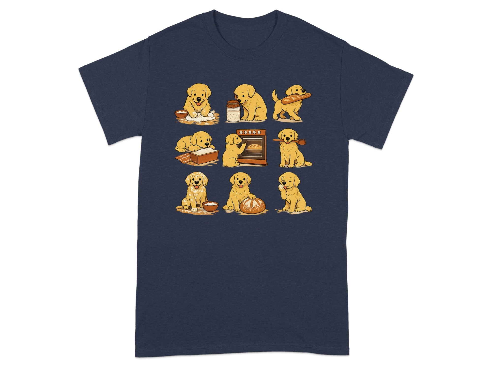 Nine golden retriever puppies are depicted baking bread in cartoon style.