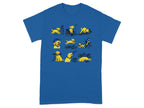 Blue t-shirt with a comic strip of a yellow dog's cycling adventures.