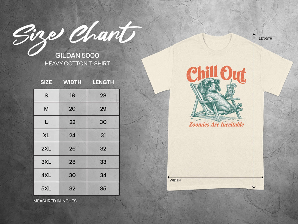 Gildan 5000 size chart for heavy cotton t-shirt with graphic.