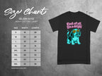 Gildan 5000 Heavy Cotton t-shirt size chart with dog graphic.