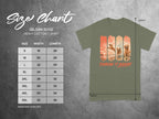 Gildan 5000 t-shirt size chart with front graphic of golden retrievers playing fetch.