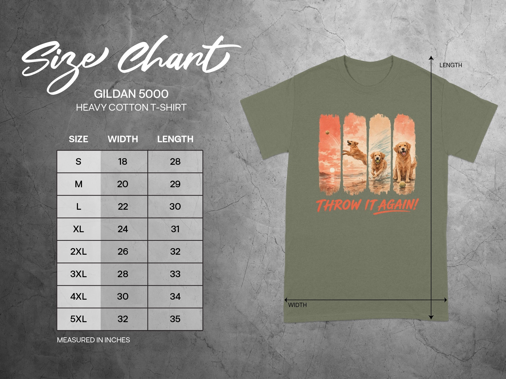 Gildan 5000 t-shirt size chart with front graphic of golden retrievers playing fetch.
