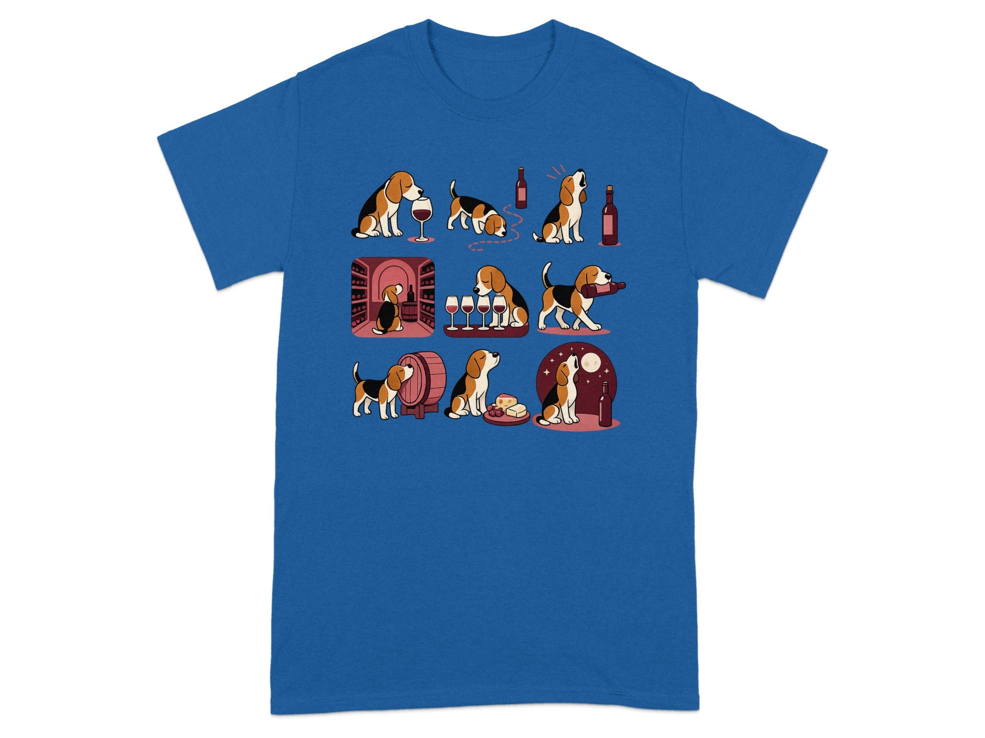 Blue t-shirt with nine panels of a beagle interacting with wine and wine-related items.