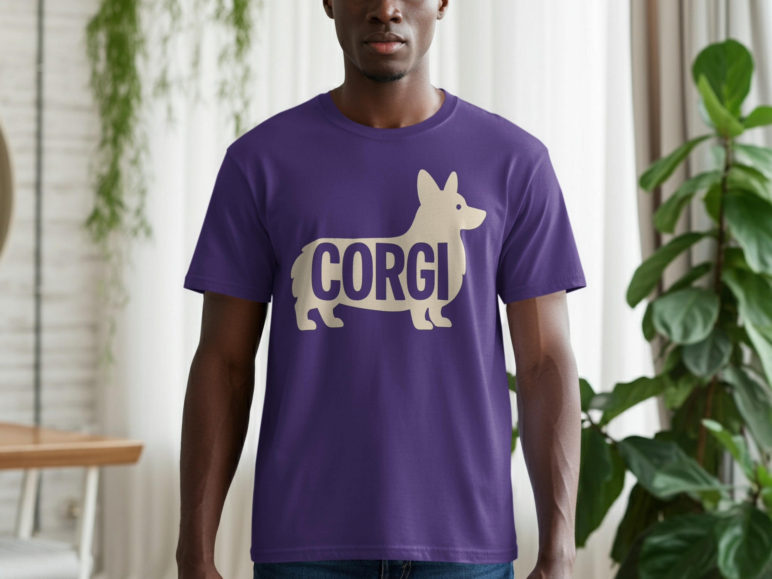 Purple t-shirt with a beige corgi silhouette and the word "CORGI".