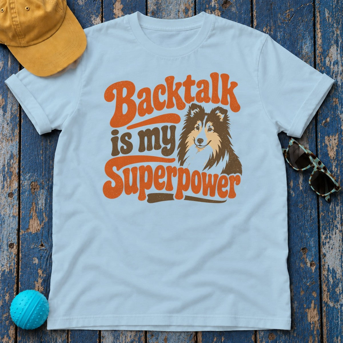 Retro Backtalk Superpower Sheltie T-Shirt in Light Blue