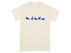 Cream t-shirt with blue cartoon dogs in a line, spilling food and sleeping.