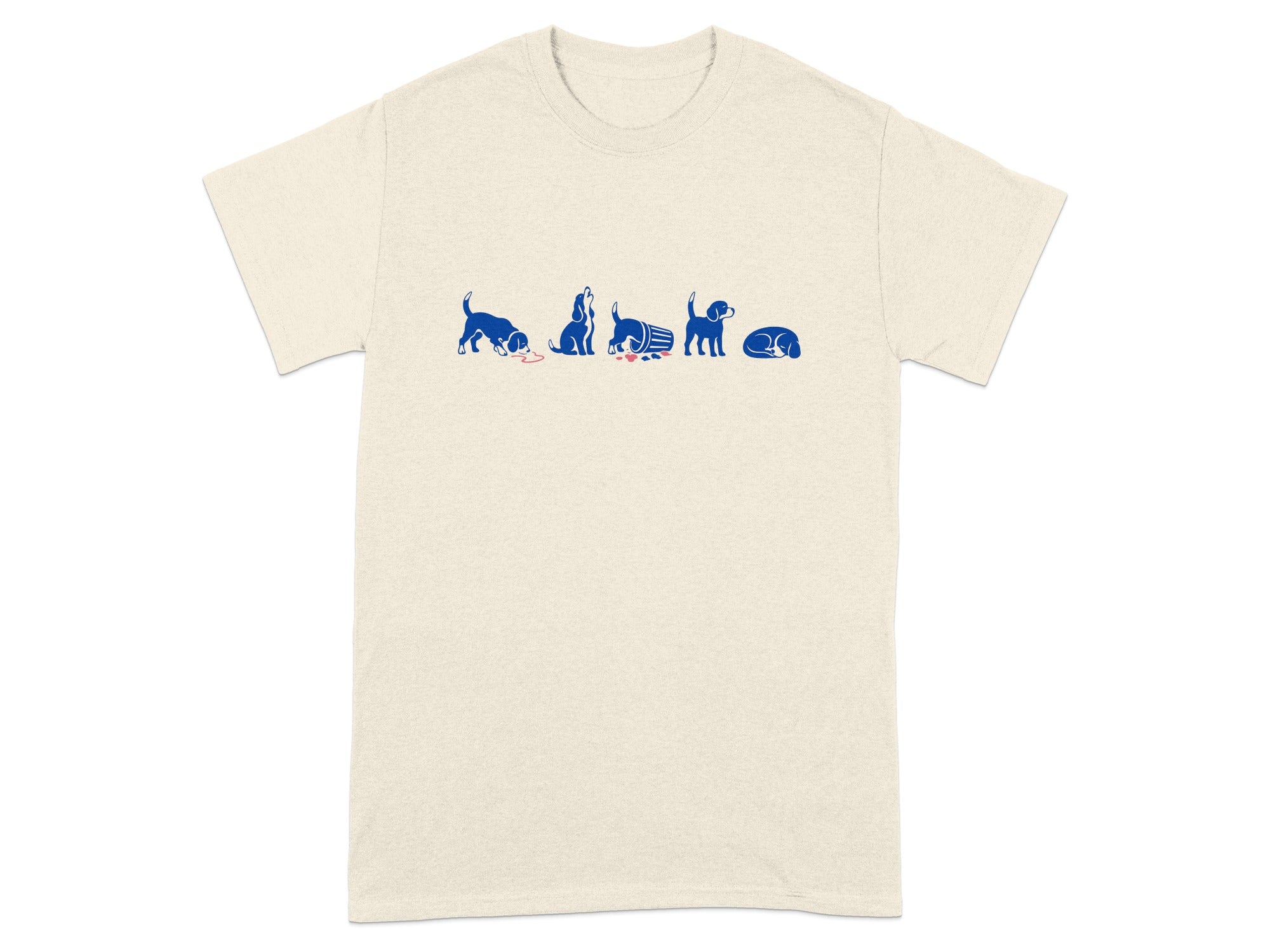 Cream t-shirt with blue cartoon dogs in a line, spilling food and sleeping.