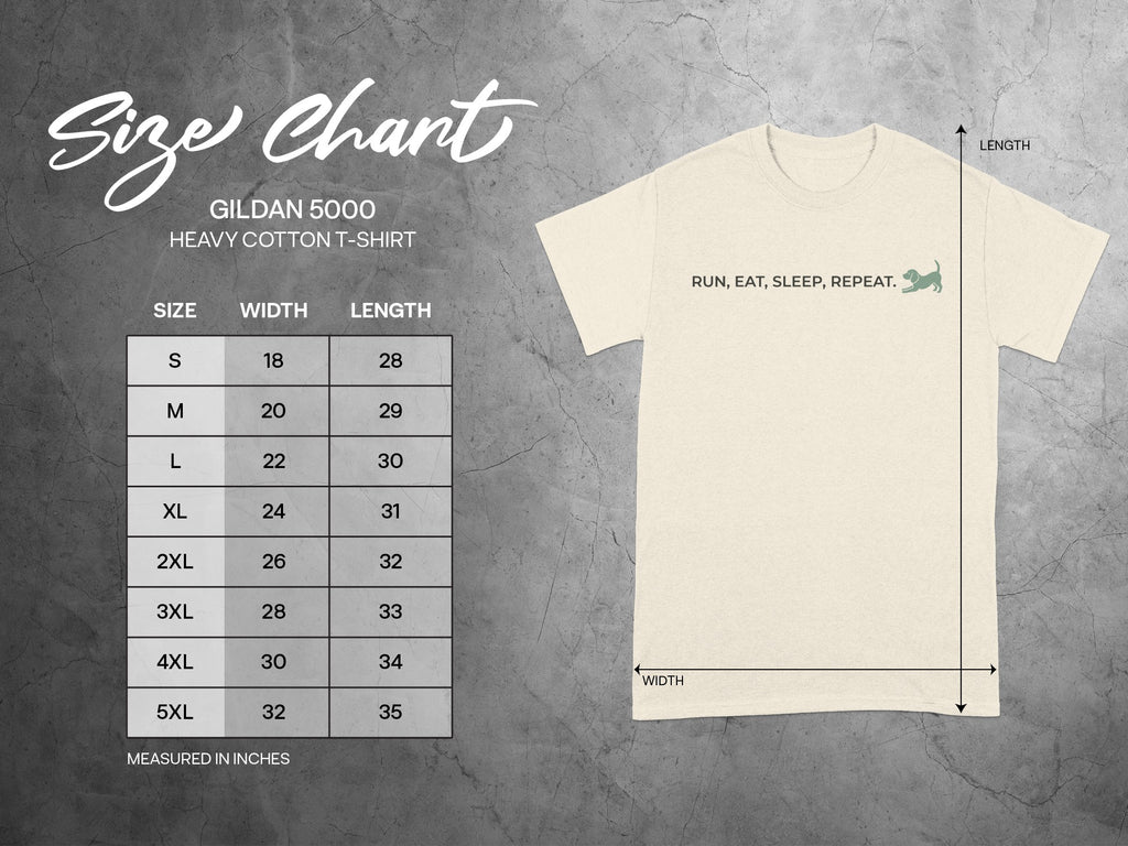 Gildan 5000 t-shirt size chart with width and length measurements.