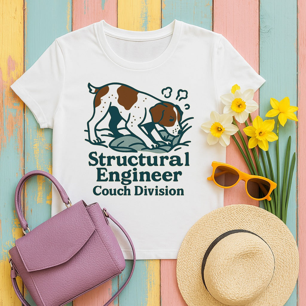 Brittany Spaniel Structural Engineer, Couch Division T-shirt in White