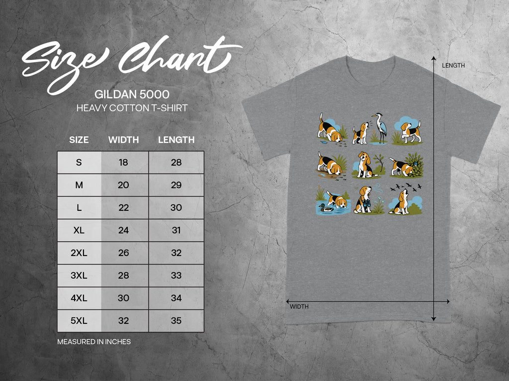 Gildan 5000 Heavy Cotton T-Shirt size chart with beagle illustrations and measurements in inches.