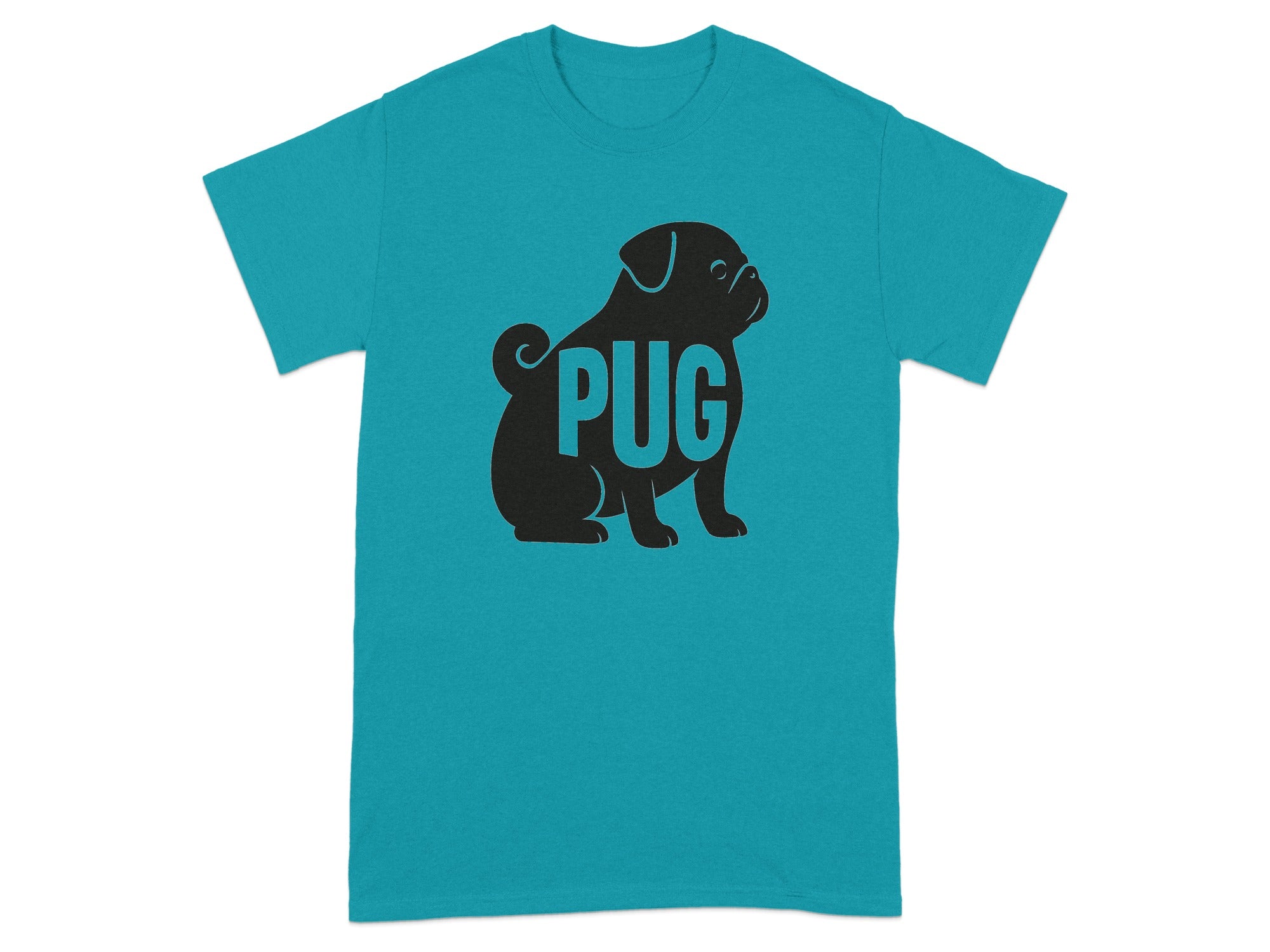 Teal t-shirt with black pug silhouette graphic and "PUG" text.