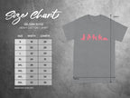 Gildan 5000 Heavy Cotton T-Shirt size chart in inches with width and length measurements.